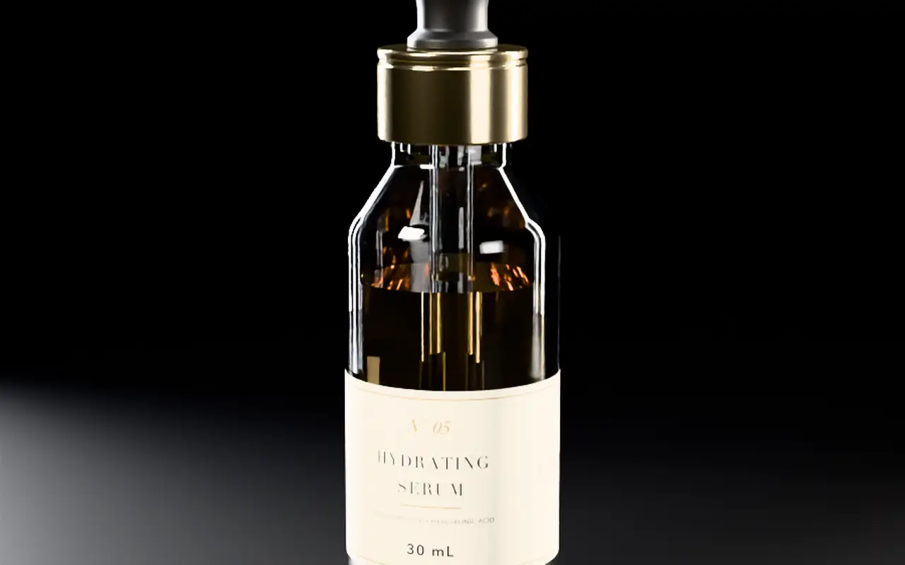 A serum dropper bottle: glass, gold collar, dropper and a wrap label.