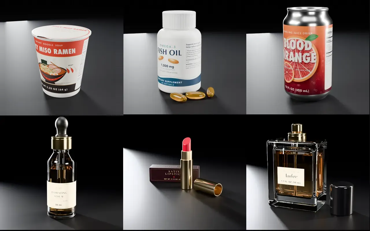 Six unbranded products in a dark studio: an instant noodle cup, a fish-oil softgel bottle, a sparkling juice can, a serum dropper bottle, a lipstick with its carton, and a bottle of eau de parfum.