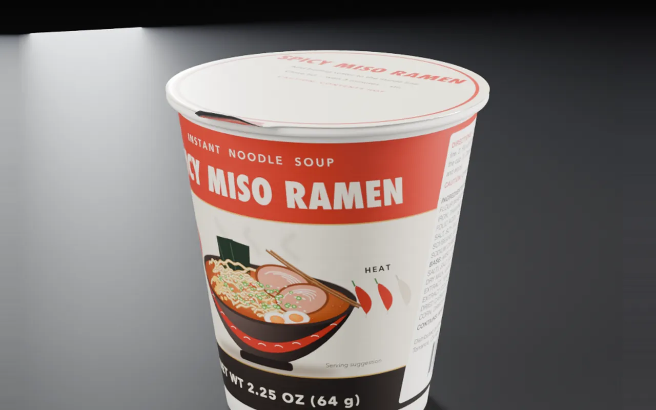 An instant noodle cup with its label read panel by panel.
