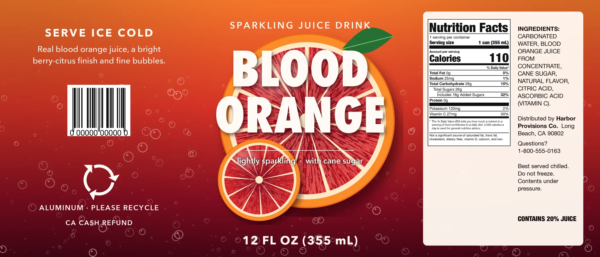 Flat label artwork for a fictional blood orange sparkling juice drink can with a simplified Nutrition Facts panel.