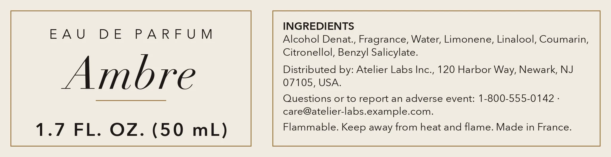 Flat label artwork for a fictional eau de parfum, Ambre, with net contents in fluid ounces and milliliters.