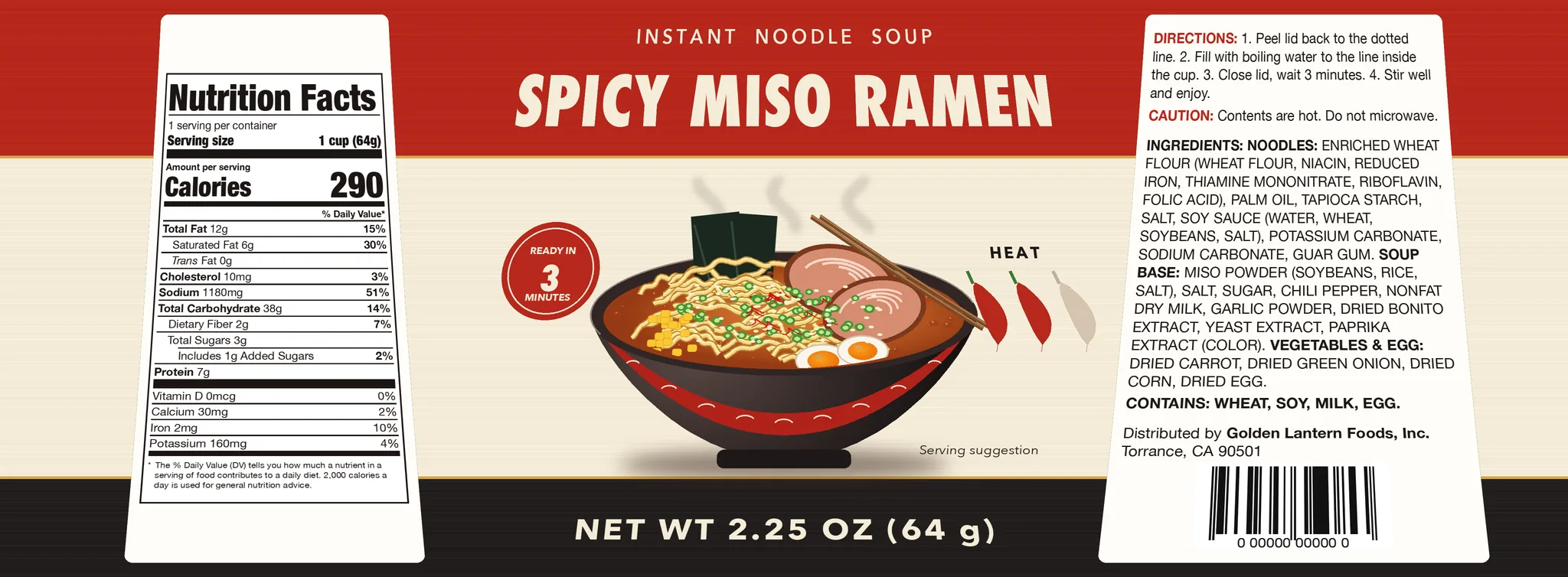 Flat label artwork for a fictional instant noodle cup, Spicy Miso Ramen, with Nutrition Facts, ingredients and a Contains statement.