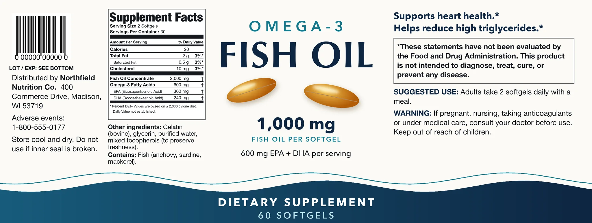 Flat label artwork for a fictional omega-3 fish oil dietary supplement with a Supplement Facts panel and a boxed disclaimer.