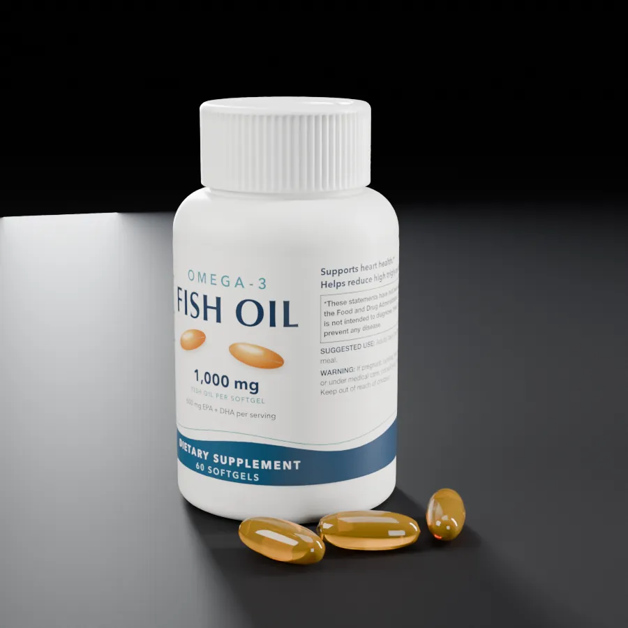 Demonstration render of a fish-oil softgel bottle.